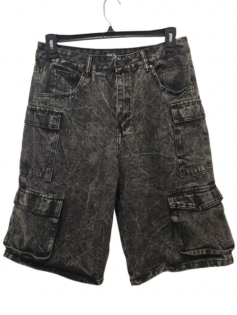 RISE Black Acid Wash Denim Cargo Jorts Juniors Size 13 Pockets Mid Rise